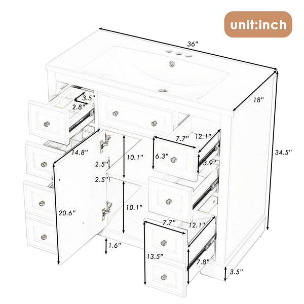 English Elm 36" Modern Bathroom Vanity with Ceramic Sink, Solid Wood & MDF Build, Six Drawers + Cabinet, Durable Finish and Adjustable Shelf for Organized Storage White SY999404AAK-6