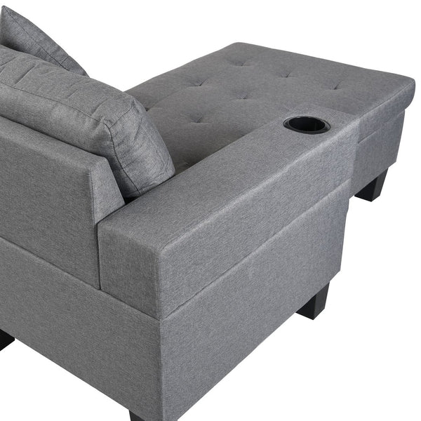 English Elm Sectional Linen Grey 4-Seat Sofa Set with L-Chaise, Cup Holder, Thick Foam Cushions, Left/Right W214S00007