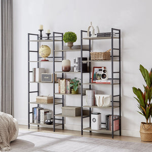English Elm Triple Triple Wide 5-Shelf Bookshelves Industrial Retro Wooden Style Large Open Display Unit with Anti-Tip Straps and Adjustable Feet for Home Office Storage and Decor 69.3"W x 11.8"D x 70.1"H Grey W1668102869