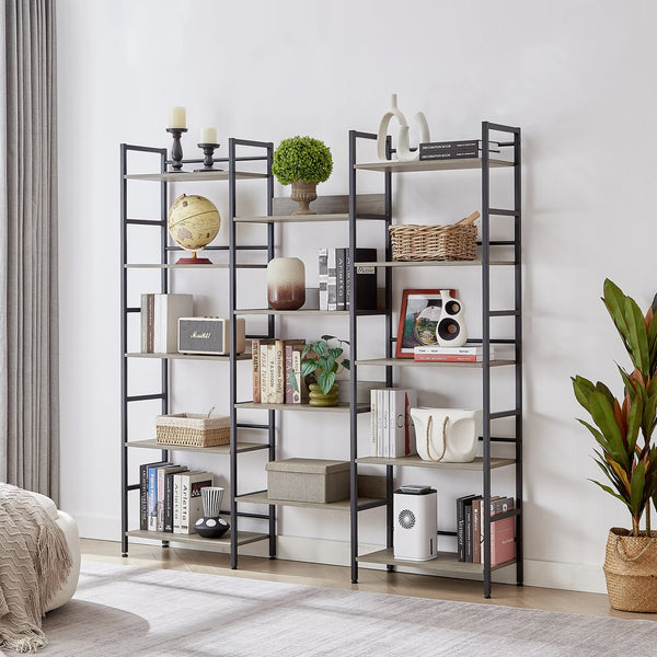 English Elm Triple Triple Wide 5-Shelf Bookshelves Industrial Retro Wooden Style Large Open Display Unit with Anti-Tip Straps and Adjustable Feet for Home Office Storage and Decor 69.3"W x 11.8"D x 70.1"H Grey W1668102869