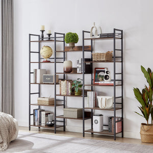English Elm Triple Triple Wide 5-Shelf Bookshelves Industrial Retro Wooden Style Large Open Display Unit with Anti-Tip Straps and Adjustable Feet for Home Office Storage and Decor 69.3"W x 11.8"D x 70.1"H Rustic Brown W1668102868