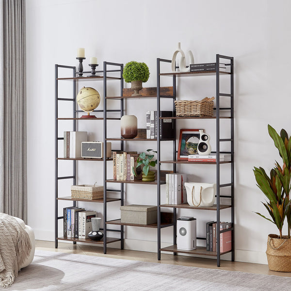English Elm Triple Triple Wide 5-Shelf Bookshelves Industrial Retro Wooden Style Large Open Display Unit with Anti-Tip Straps and Adjustable Feet for Home Office Storage and Decor 69.3"W x 11.8"D x 70.1"H Rustic Brown W1668102868