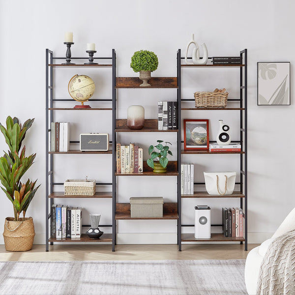 English Elm Triple Triple Wide 5-Shelf Bookshelves Industrial Retro Wooden Style Large Open Display Unit with Anti-Tip Straps and Adjustable Feet for Home Office Storage and Decor 69.3"W x 11.8"D x 70.1"H Rustic Brown W1668102868