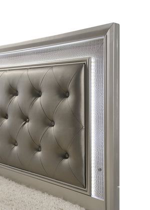 English Elm Modern Glam Crocodile Skin Finish Upholstered Queen LED Tufted Headboard Bed with Luxe Glow Champagne 61 L x 41 W x 6.5 H B011S00445