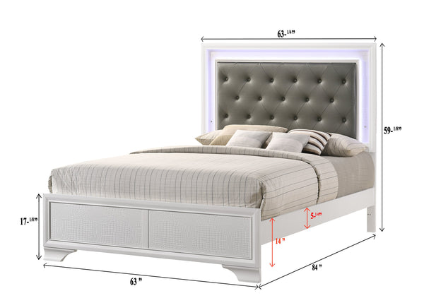 English Elm Modern Crocodile Skin Finish Upholstered Queen LED Panel Bed with Diamond Tufting and Glam Backlight White 68 L x 41 W x 6.5 H B011S00447