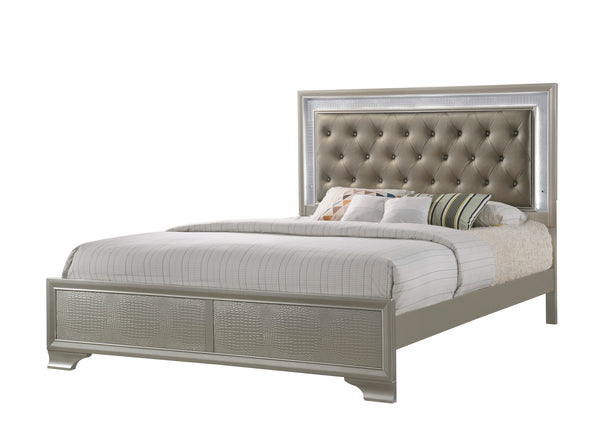 English Elm Modern Champagne Crocodile Skin King Bed with Upholstered LED Tufted Headboard, Glamorous centerpiece B011S01154