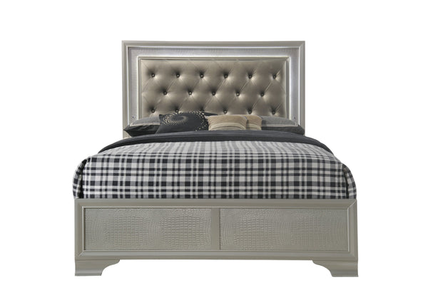 English Elm Modern Glam Crocodile Skin Finish Upholstered Queen LED Tufted Headboard Bed with Luxe Glow Champagne 61 L x 41 W x 6.5 H B011S00445