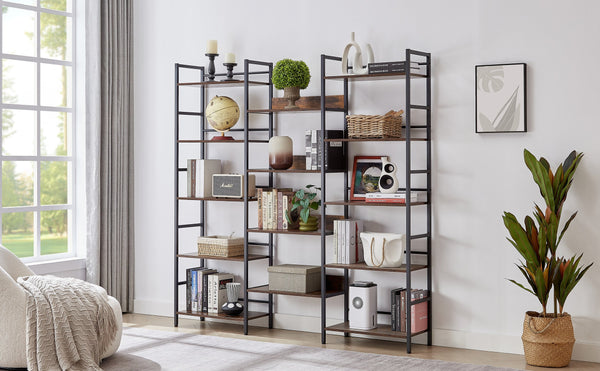 English Elm Triple Triple Wide 5-Shelf Bookshelves Industrial Retro Wooden Style Large Open Display Unit with Anti-Tip Straps and Adjustable Feet for Home Office Storage and Decor 69.3"W x 11.8"D x 70.1"H Rustic Brown W1668102868