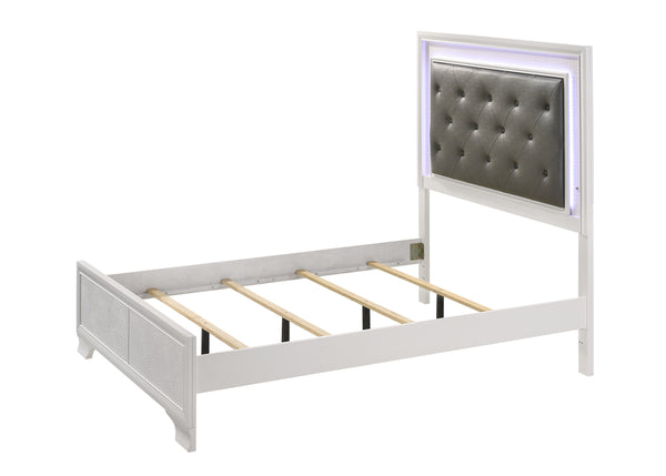 English Elm Modern Crocodile Skin Finish Upholstered Queen LED Panel Bed with Diamond Tufting and Glam Backlight White 68 L x 41 W x 6.5 H B011S00447