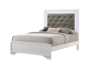 English Elm Modern Crocodile Skin Finish Upholstered Queen LED Panel Bed with Diamond Tufting and Glam Backlight White 52.5 L x 40.7 W x 6.5 H B011S00452