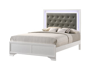 English Elm Modern Crocodile Skin Finish Upholstered Queen LED Panel Bed with Diamond Tufting and Glam Backlight White 68 L x 41 W x 6.5 H B011S00447