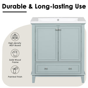 English Elm 30" Bathroom Vanity with Sink — Modern Freestanding 30" Cabinet with Ceramic Top, Drawer, Doors, Shelf Green N725P221263C