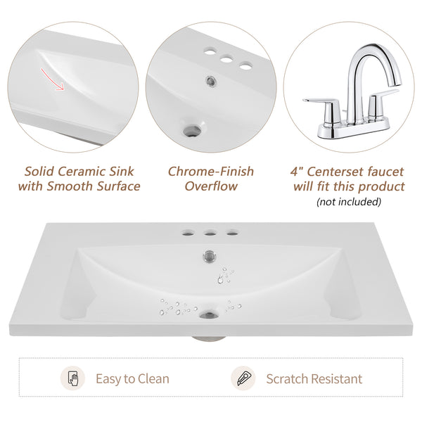 English Elm 30" Modern Bathroom Vanity With Sink Combo - Stylish White Cabinet, Ample Storage & Durable Design N725S999222K-6
