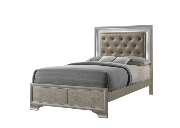 English Elm Modern Glam Crocodile Skin Finish Upholstered Queen LED Tufted Headboard Bed with Luxe Glow Champagne 52.5 L x 40.7 W x 6.5 H B011S00446