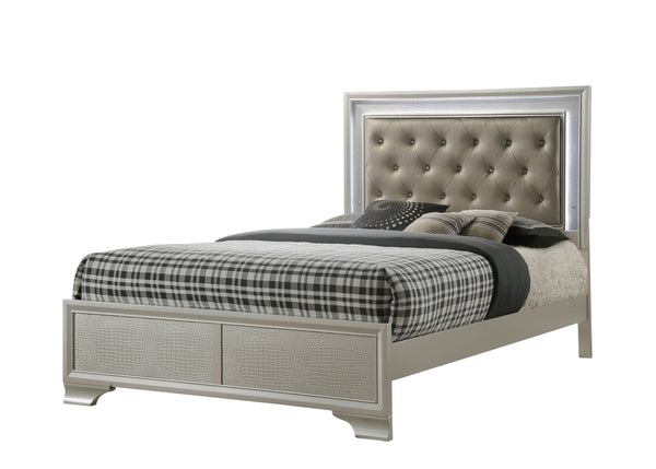 English Elm Modern Glam Crocodile Skin Finish Upholstered Queen LED Tufted Headboard Bed with Luxe Glow Champagne 61 L x 41 W x 6.5 H B011S00445