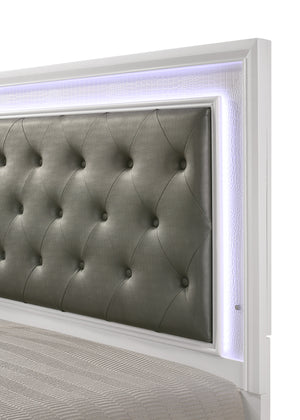 English Elm Modern Crocodile Skin Finish Upholstered Queen LED Panel Bed with Diamond Tufting and Glam Backlight White 68 L x 41 W x 6.5 H B011S00447