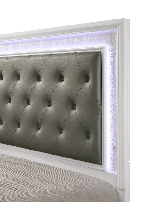 English Elm Modern Crocodile Skin Finish Upholstered Queen LED Panel Bed with Diamond Tufting and Glam Backlight White 68 L x 41 W x 6.5 H B011S00447