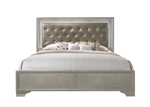 English Elm Modern Champagne Crocodile Skin King Bed with Upholstered LED Tufted Headboard, Glamorous centerpiece B011S01154