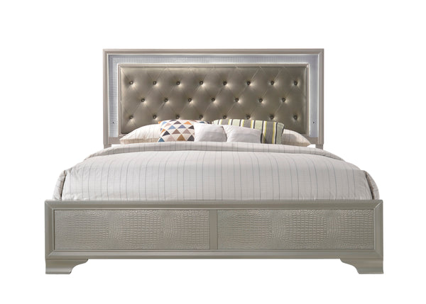 English Elm Modern Champagne Crocodile Skin King Bed with Upholstered LED Tufted Headboard, Glamorous centerpiece B011S01154