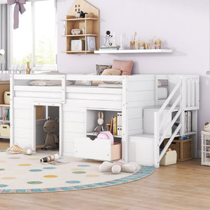 English Elm Solid Pine Twin Low Loft Bed with Stair Drawer Shelf Playhouse Frame for Kids White W697S00018