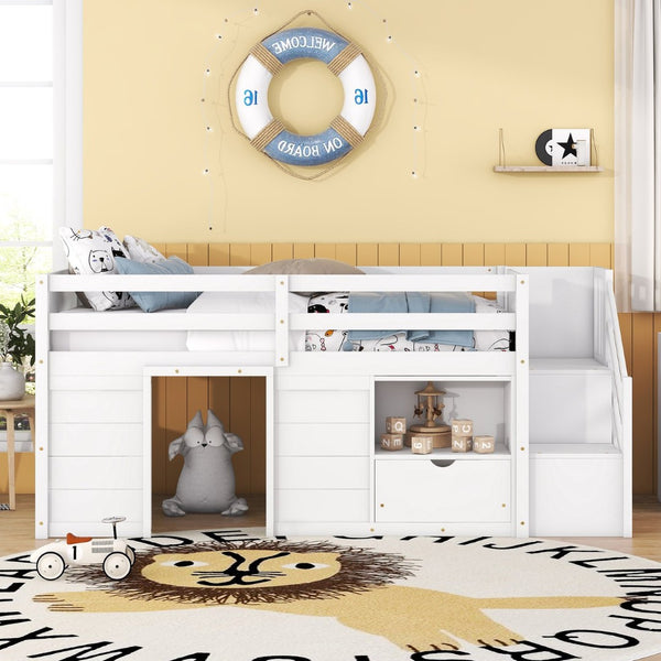 English Elm Solid Pine Twin Low Loft Bed with Stair Drawer Shelf Playhouse Frame for Kids White W697S00018