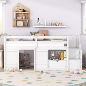 English Elm Solid Pine Twin Low Loft Bed with Stair Drawer Shelf Playhouse Frame for Kids White W697S00018