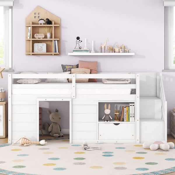 English Elm Solid Pine Twin Low Loft Bed with Stair Drawer Shelf Playhouse Frame for Kids White W697S00018