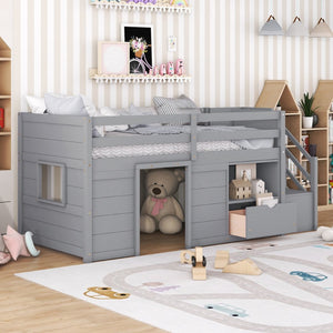 English Elm Solid Pine Twin Low Loft Bed with Stair Drawer Shelf Playhouse Frame for Kids Gray W697S00019