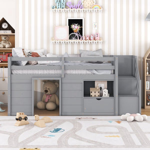 English Elm Solid Pine Twin Low Loft Bed with Stair Drawer Shelf Playhouse Frame for Kids Gray W697S00019