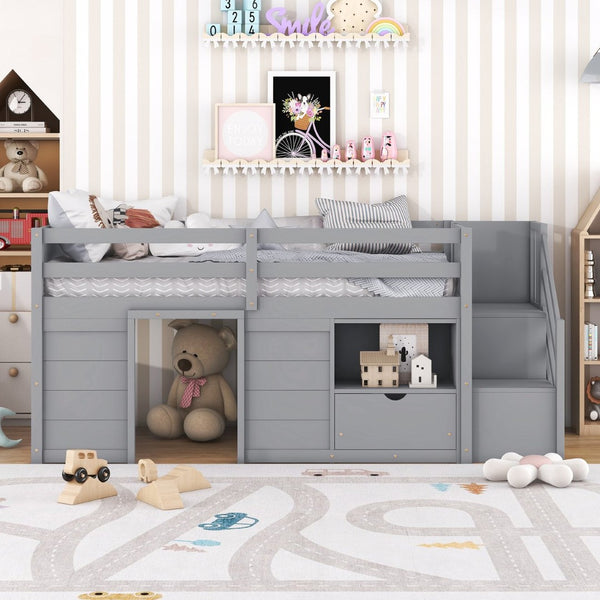 English Elm Solid Pine Twin Low Loft Bed with Stair Drawer Shelf Playhouse Frame for Kids Gray W697S00019