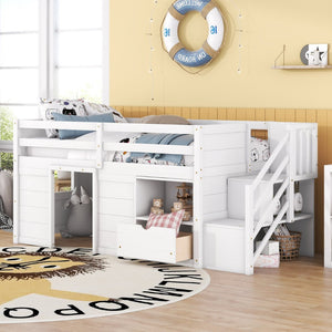 English Elm Solid Pine Twin Low Loft Bed with Stair Drawer Shelf Playhouse Frame for Kids White W697S00018