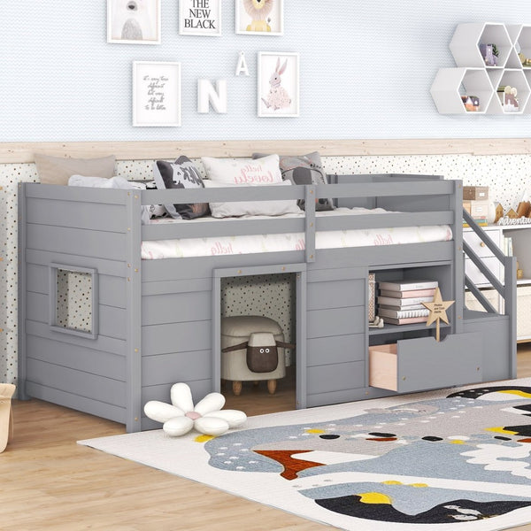 English Elm Solid Pine Twin Low Loft Bed with Stair Drawer Shelf Playhouse Frame for Kids Gray W697S00019