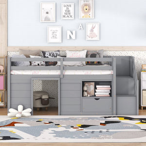 English Elm Solid Pine Twin Low Loft Bed with Stair Drawer Shelf Playhouse Frame for Kids Gray W697S00019