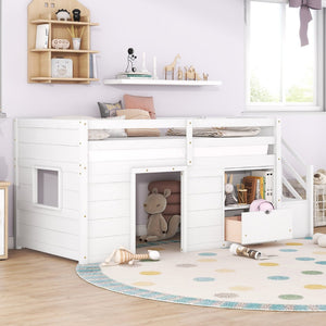 English Elm Solid Pine Twin Low Loft Bed with Stair Drawer Shelf Playhouse Frame for Kids White W697S00018
