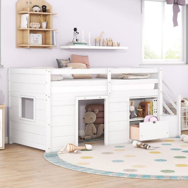 English Elm Solid Pine Twin Low Loft Bed with Stair Drawer Shelf Playhouse Frame for Kids White W697S00018