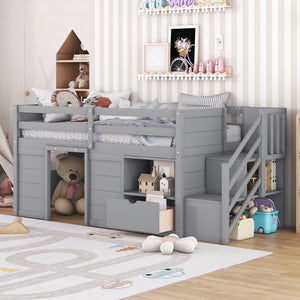 English Elm Solid Pine Twin Low Loft Bed with Stair Drawer Shelf Playhouse Frame for Kids Gray W697S00019