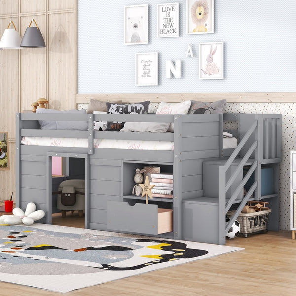 English Elm Solid Pine Twin Low Loft Bed with Stair Drawer Shelf Playhouse Frame for Kids Gray W697S00019