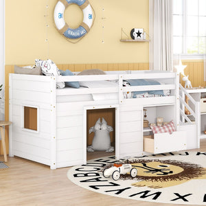English Elm Solid Pine Twin Low Loft Bed with Stair Drawer Shelf Playhouse Frame for Kids White W697S00018