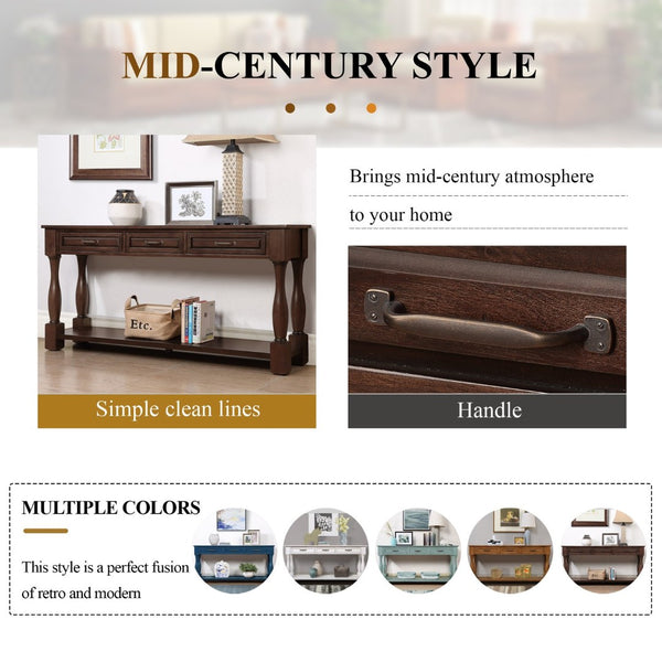 English Elm 63inch Solid Pine Console Table with 3 Drawers Mid-century Modern Entryway Storage Espresso W1202114034