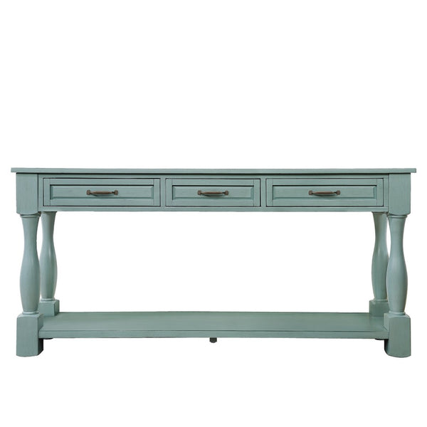 English Elm 63inch Solid Pine Console Table with 3 Drawers Mid-century Modern Entryway Storage Retro Blue W1202114031