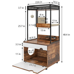 English Elm Corner Cat Tower with Feeding Cabinet Sisal Post and Climbing Platforms for Indoor Pets W1687106558
