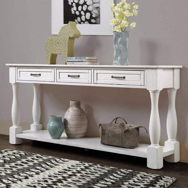 English Elm 63inch Solid Pine Console Table with 3 Drawers Mid-century Modern Entryway Storage Antique White W1202114029