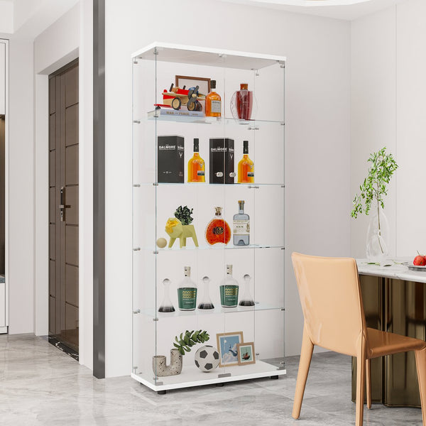 English Elm Glass Display Cabinet With 5 Adjustable Shelves, Double Door For Collectibles In Black Or White Finish W1806S00004