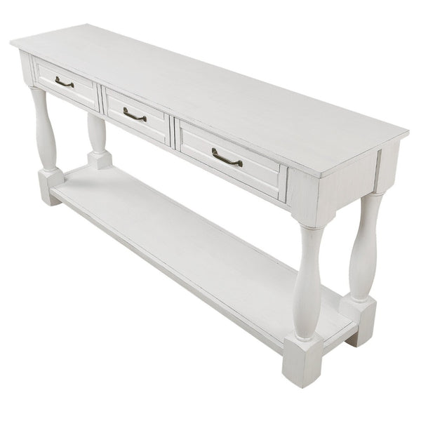 English Elm 63inch Solid Pine Console Table with 3 Drawers Mid-century Modern Entryway Storage Antique White W1202114029