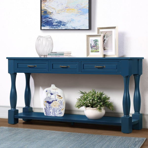 English Elm 63inch Solid Pine Console Table with 3 Drawers Mid-century Modern Entryway Storage Navy Blue W1202114032