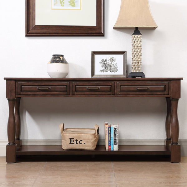English Elm 63inch Solid Pine Console Table with 3 Drawers Mid-century Modern Entryway Storage Espresso W1202114034