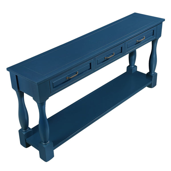 English Elm 63inch Solid Pine Console Table with 3 Drawers Mid-century Modern Entryway Storage Navy Blue W1202114032