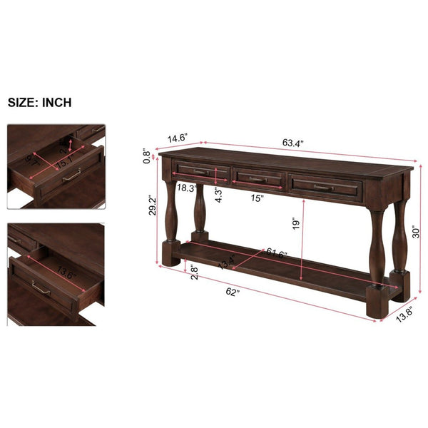 English Elm 63inch Solid Pine Console Table with 3 Drawers Mid-century Modern Entryway Storage Espresso W1202114034