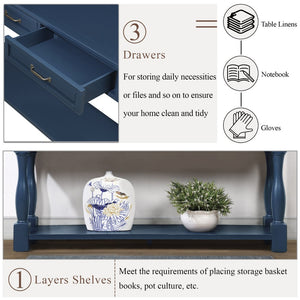 English Elm 63inch Solid Pine Console Table with 3 Drawers Mid-century Modern Entryway Storage Navy Blue W1202114032