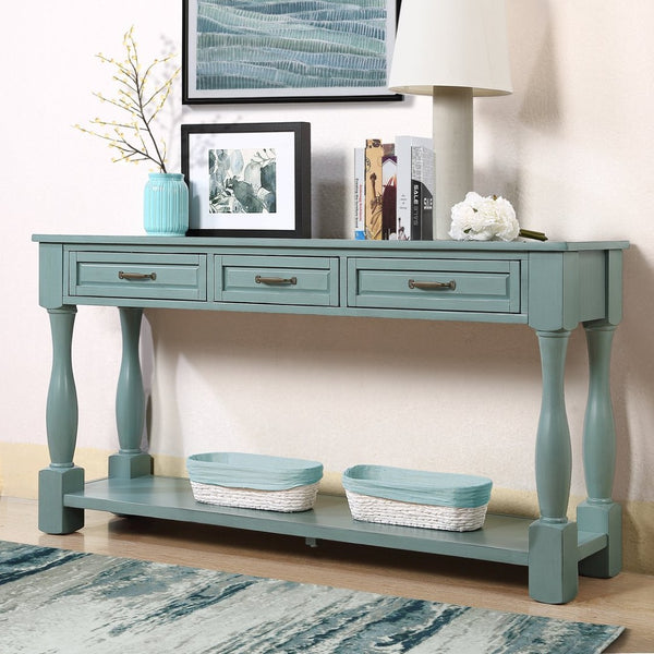 English Elm 63inch Solid Pine Console Table with 3 Drawers Mid-century Modern Entryway Storage Retro Blue W1202114031